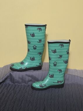 Green Striped Sloth Rain Boots for Women